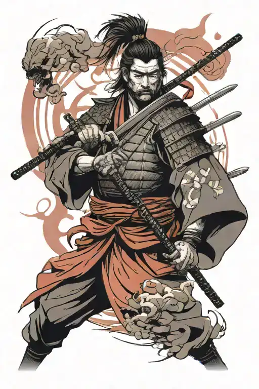 In the foreground is a full-length samurai, a little further is sakura, the sunset is red tattoo design idea