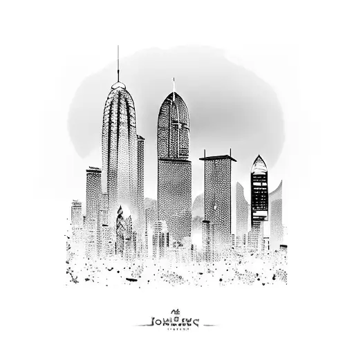 hong kong skyline, ocean, mountains, skyscrapers, seek discomfort tattoo design idea