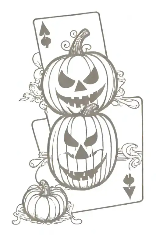 small pumpkin, joker playing card, chef knife surrounded tattoo design idea