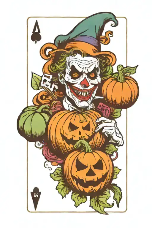 small pumpkin surrounded by joker playing card and chef knife tattoo design idea