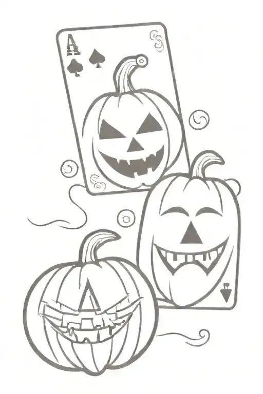 small pumpkin, joker playing card, chef knife surrounded tattoo design idea