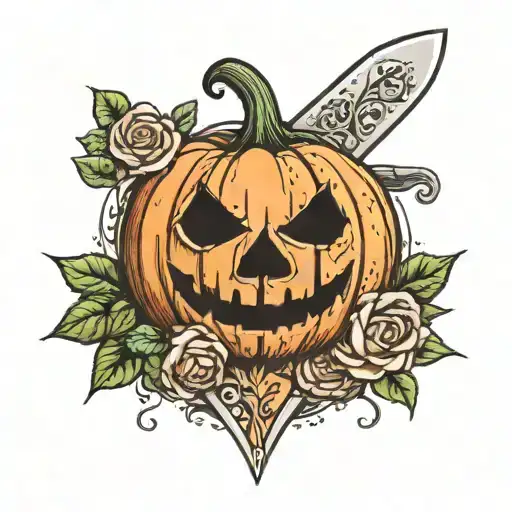 A playful tattoo of a pumpkin surrounded by roses, holding a joker card in one hand and a chef knife in the other tattoo design idea