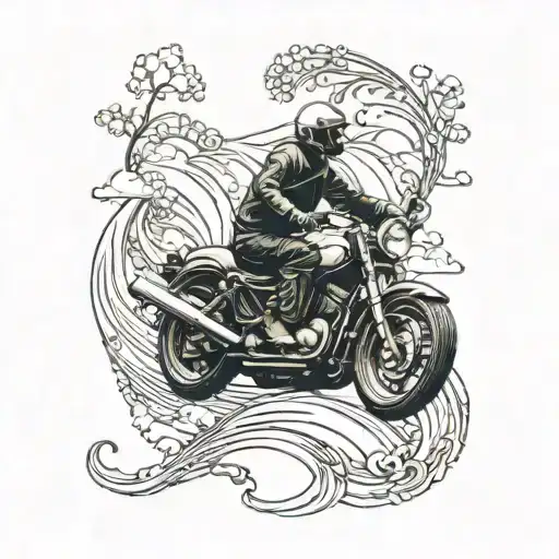 A detailed blackwork tattoo of a motorcycle cruising down a winding road, symbolizing freedom and adventure tattoo design idea