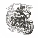 A detailed blackwork tattoo of a motorcycle cruising down a winding road, symbolizing freedom and adventure tattoo design idea