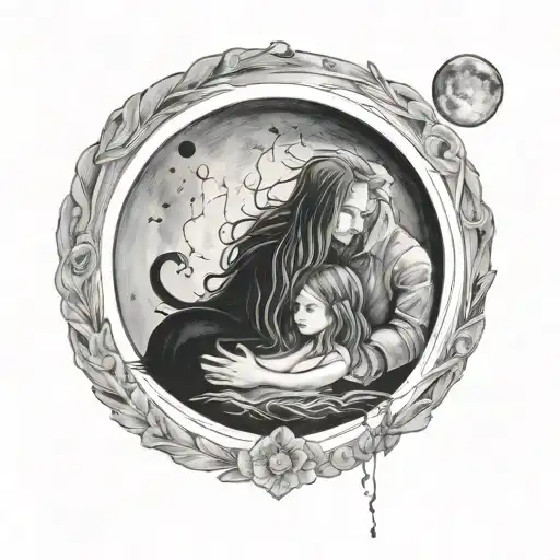 A black-grey tattoo of a father and daughter sharing a tender moment under a full moon tattoo design idea