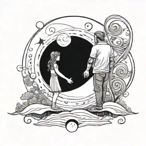 A whimsical scene of a father and daughter holding hands while gazing up at a large, full moon tattoo design idea