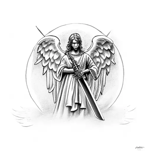 angel sticking sword into the ground protecting the name of my sons Bernardo and David tattoo design idea