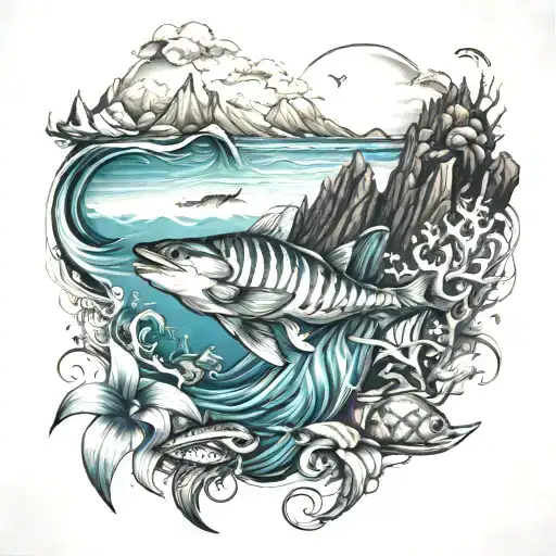 Ocean, Mountains sea creatures  tattoo design idea
