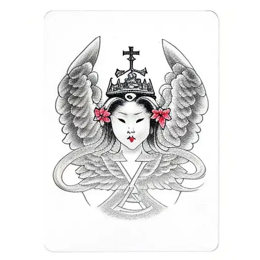 3 of clubs card with an angel crown and wings tattoo design idea