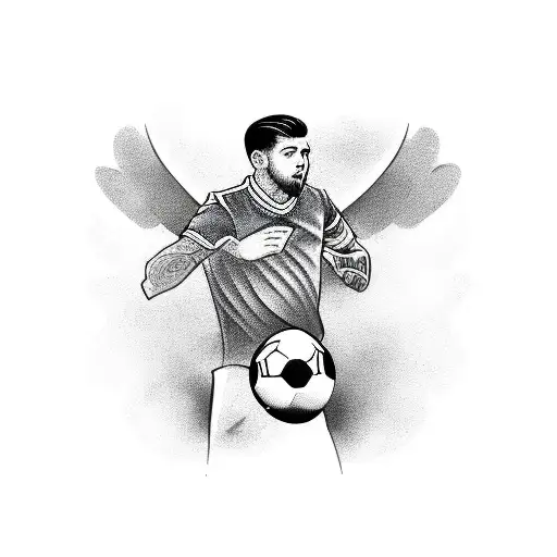 A realistic portrait of your son playing soccer with an eagle perched on his shoulder tattoo design idea