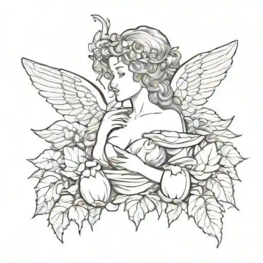 Eggplant sleeve with wings on top Cupid a little below the wings and next to Cupid on the left side a woman with a mask  tattoo design idea