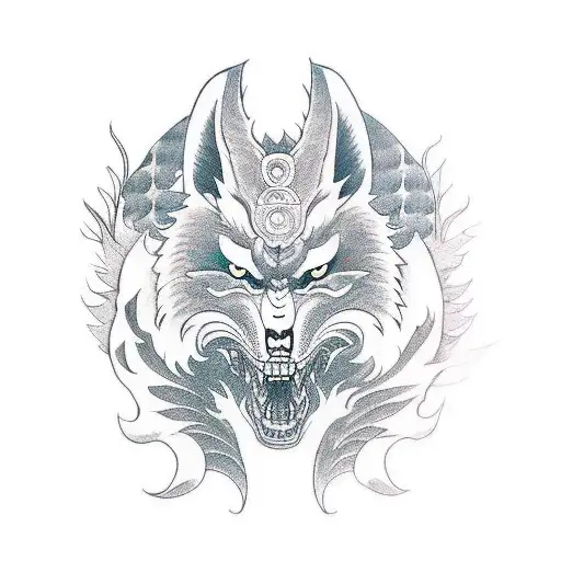 kitsune with a kitsune mask for mens  tattoo design idea