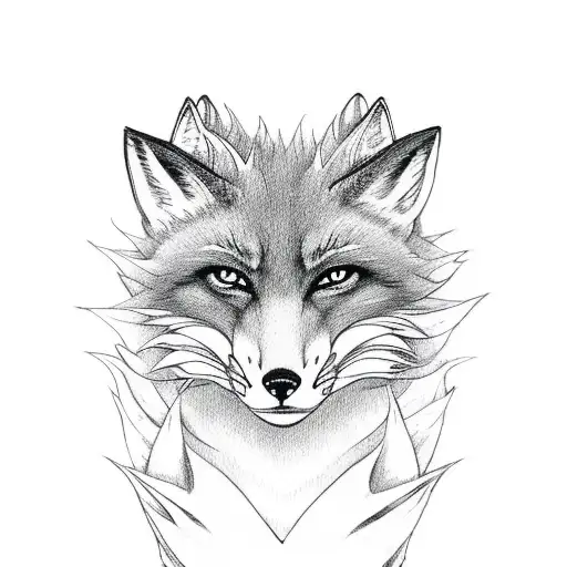 fox with 9 tails with kitsune mask tattoo design idea