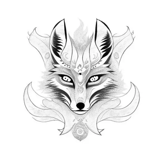 fox with 9 tails with kitsune mask tattoo design idea