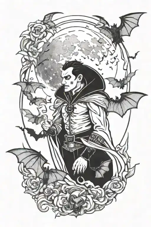 Dracula under a blood moon with bats tattoo design idea
