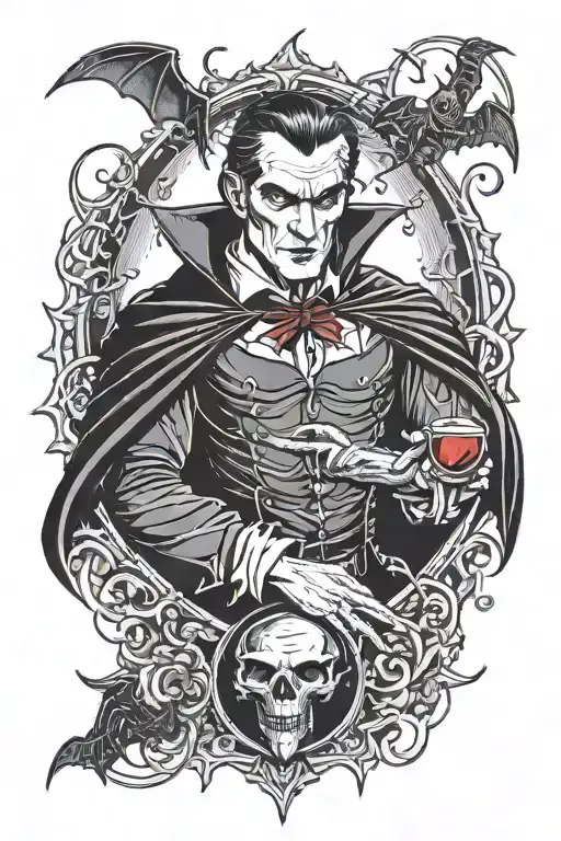 Dracula with a bloody steak in his heart under a blood moon with bats tattoo design idea
