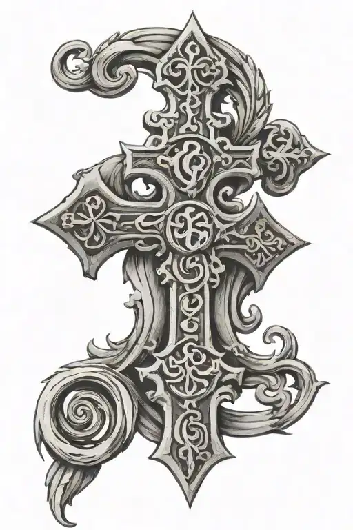 Cross of Lorraine with triskelion and the letters g and e tattoo design idea
