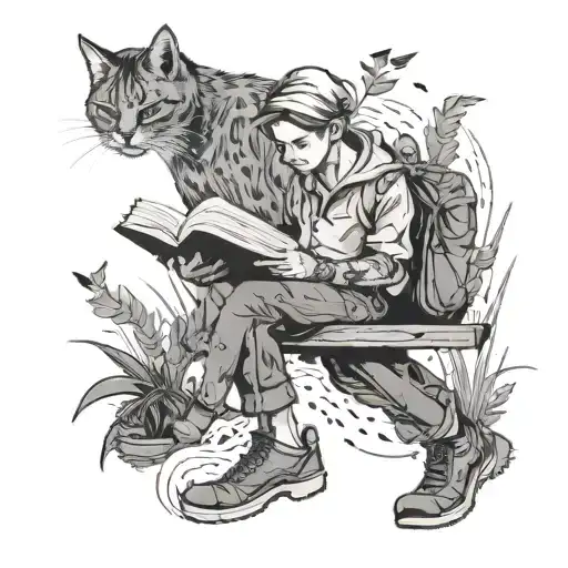 A unique tattoo of a medical student reading a book while walking through a rainy field filled with cats tattoo design idea
