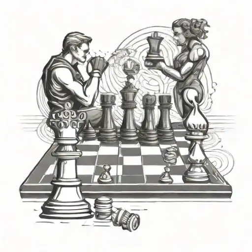 A chess board with MMA fighters as the pieces in a dotwork style tattoo design idea