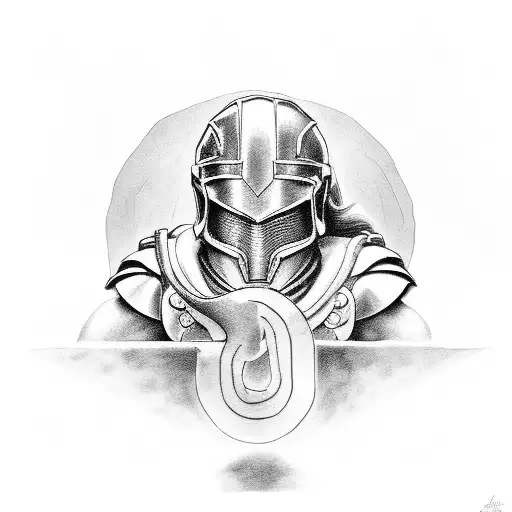Spartan in small circle kneeling tattoo design idea