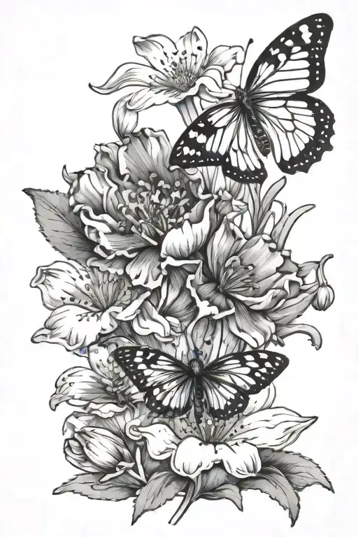 poppy, snowdrop and narcissus that has butterfly with dragon fly  tattoo design idea