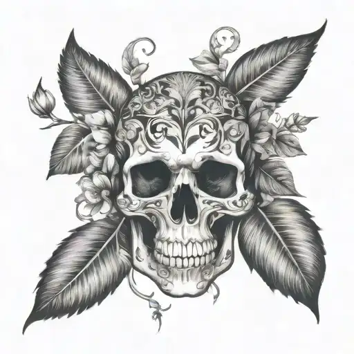 A nature-inspired 3 face skull with intricate floral patterns and leafy vines tattoo design idea