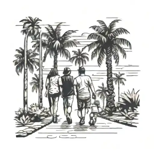 3 girls 1 boy parents walking down a street with palm trees tattoo design idea