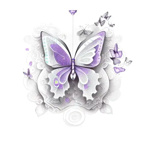 purple butterflies with text saying "hello beauty, house of cutie" tattoo design idea