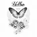 purple butterflies with text saying "hello beauty, house of cutie" tattoo design idea