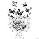 purple butterflies with text saying "hello beauty, house of cutie" tattoo design idea