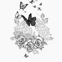 purple butterfly with text saying "hello beauty, house of cutie" tattoo design idea