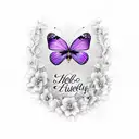 purple butterflies with text saying "hello beauty, house of cutie" tattoo design idea