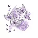 purple butterflies with text saying "hello beauty, house of cutie" tattoo design idea