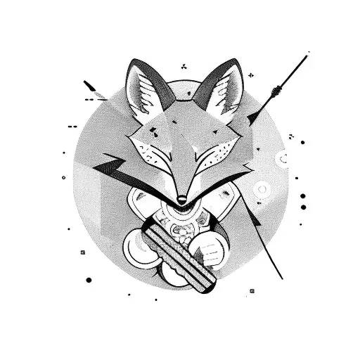 A fierce fox warrior wielding a video game controller in one hand and a gym dumbbell in the other tattoo design idea