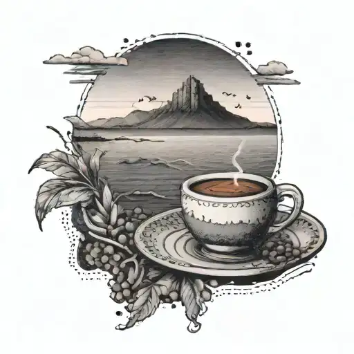 A dotwork tattoo of a serene seascape featuring Cunda Island in the background, with a cup of coffee and a pet lounging on the shore tattoo design idea