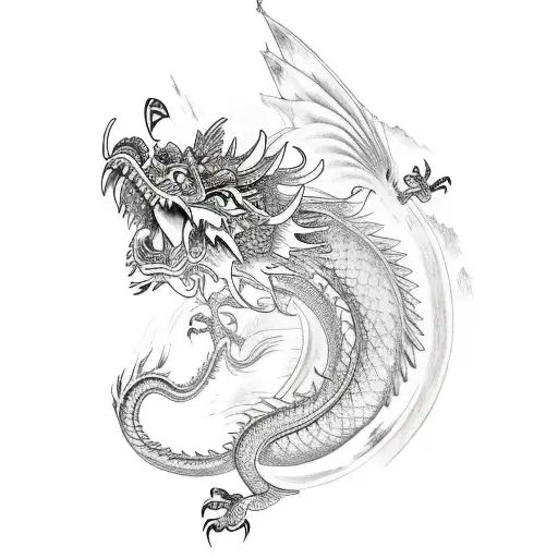 A sophisticated sketch-style tattoo depicting a Chinese dragon, a crane, and a carp tattoo design idea