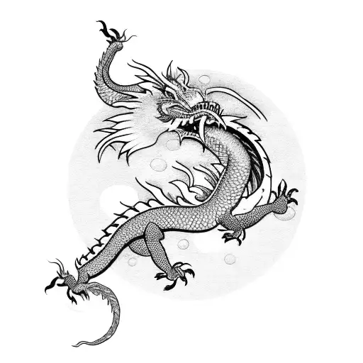 A print-inspired tattoo featuring a Chinese dragon, a crane, and a carp tattoo design idea