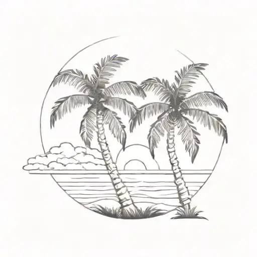 A silhouette of a palm tree against a vibrant sunset on the beach tattoo design idea