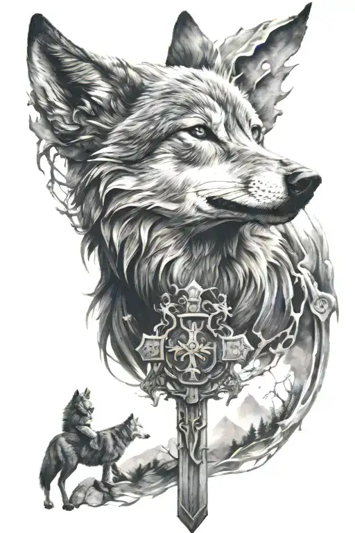cross with wolf surrounded tattoo design idea
