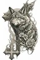 cross with wolf surrounded tattoo design idea