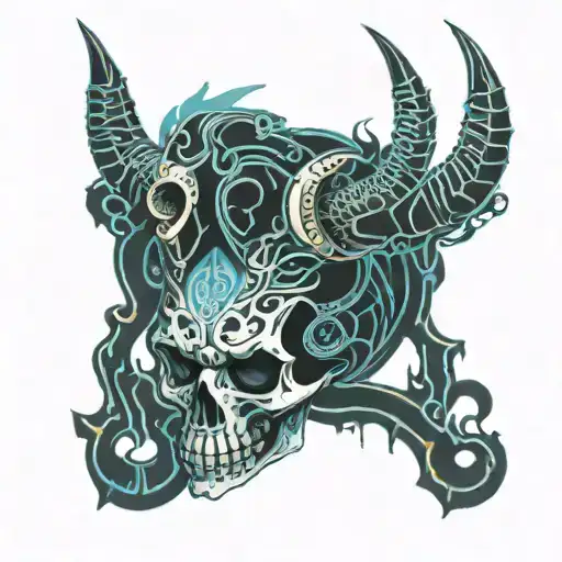 human skull with flaming ram horns on a blue background tattoo design idea