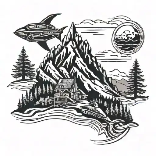 Appalachia mountain skyline, pilot, scuba diving, father and two sons, US Marine tattoo design idea