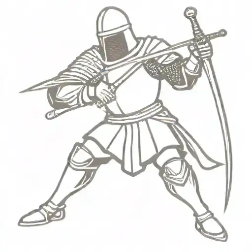 Serbian otrhodox medieval knight holding a sword in one hand and crossing himself with other hand. Kneeling, with a chur tattoo design idea