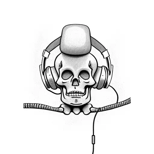 A cartoon looking full skeleton listening to music with headphones symbolizing strong passion for music tattoo design idea