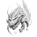 complex detailed humanoid magnificent beautiful sleek fierce apocalyptic cyberpunk dragon whole full length body cyberpu tattoo design idea
