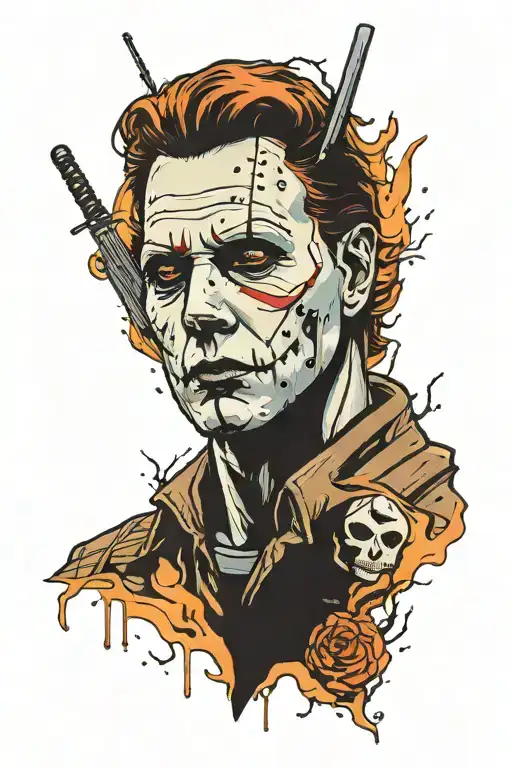 Jason face on one side the make the other half of the face Michael Myers’s with a moon in the background  tattoo design idea