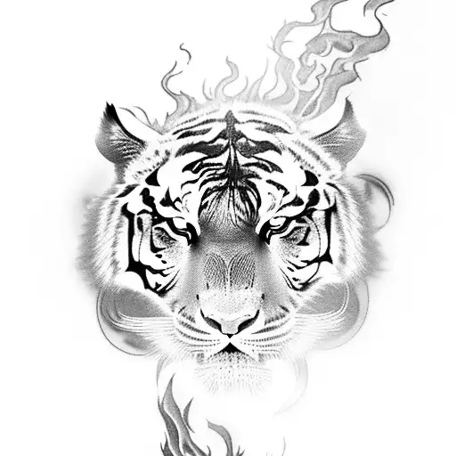 A fierce tiger surrounded by swirling black smoke and flames, symbolizing the power and intensity of metal music. tattoo design idea