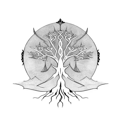 A blackwork design of the White Tree of Gondor with its roots spreading across the client's arm tattoo design idea