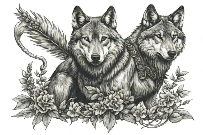 female warrior, wolf standing, larkspur flowerr tattoo design idea