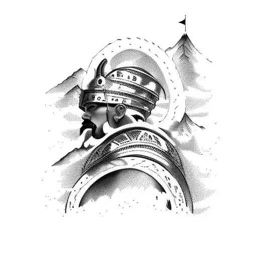 A majestic mountain range with a Greek warrior standing proudly at its peak tattoo design idea
